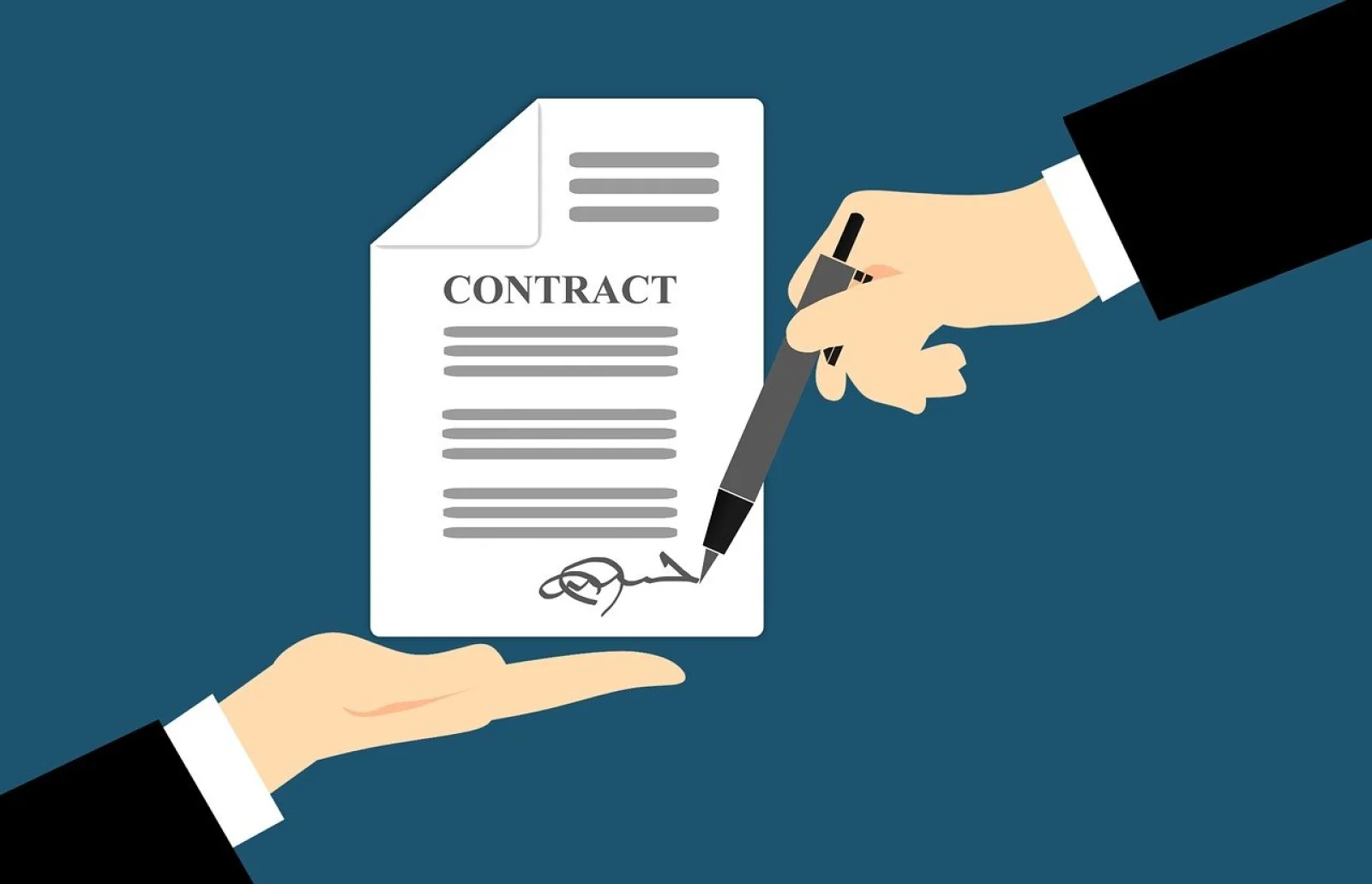 Illustration of a hand signing a contract document held out by another hand