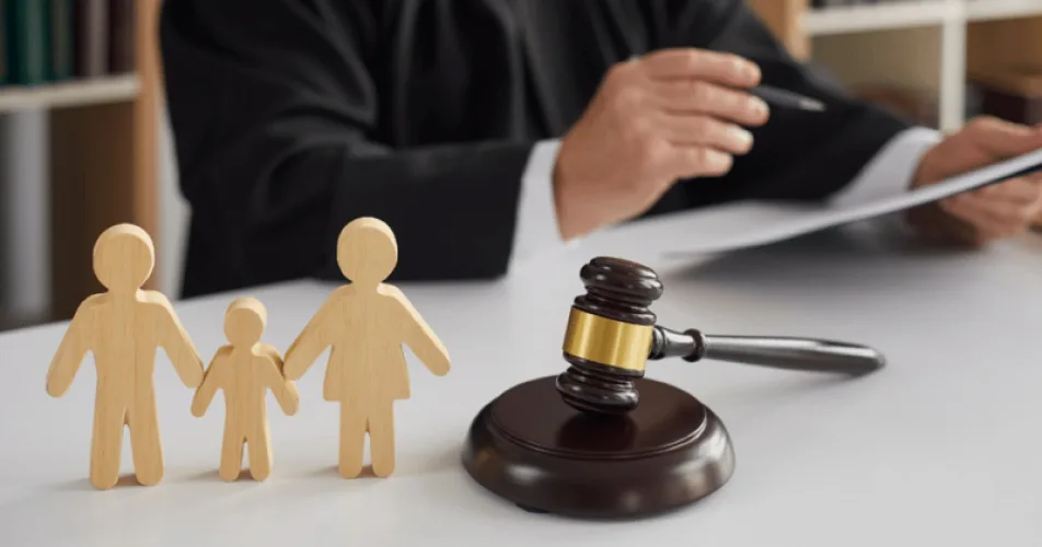 Wooden figurines of a family holding hands on a judge's desk beside a gavel